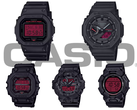 Die komplette „Black and Bold Red“-G-Shock-Kollektion auf einen Blick: DW-5600BBR-1, GA-B2100BBR-1A, GD-010BBR-1JF, GA-700BBR-1AJF und GX-56BBR-1A (Im Uhrzeigersinn, von oben links, Bildquelle: Casio)
